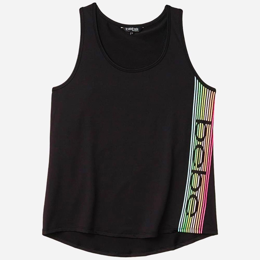 BEBE SPORT Black Scoop Neck Racerback Tank W/ Rainbow Side Stripe Reflector Logo
